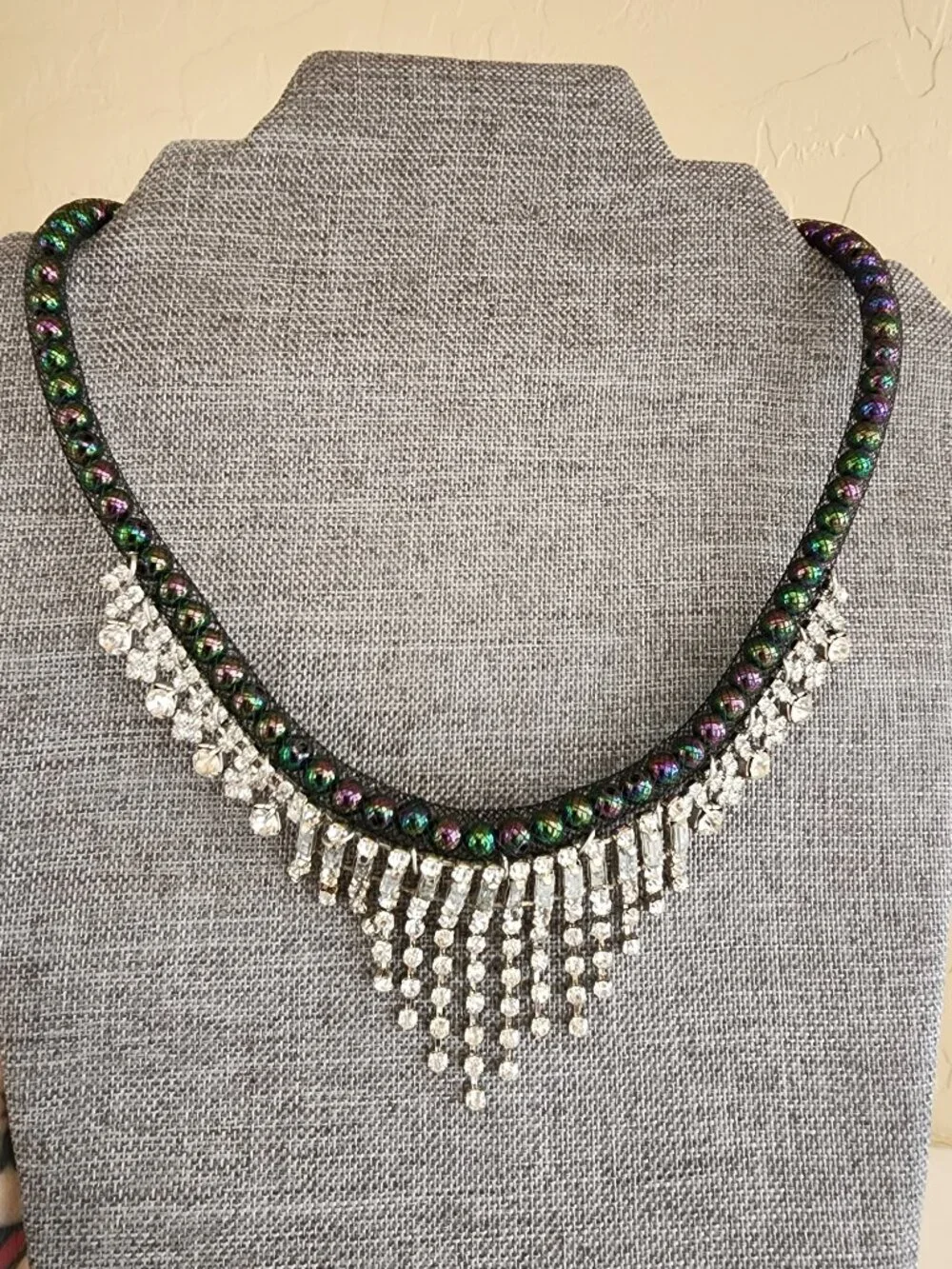 Rhinestone Cascade Fringe Black Iridescent Peacock Green Purple Bead Necklace